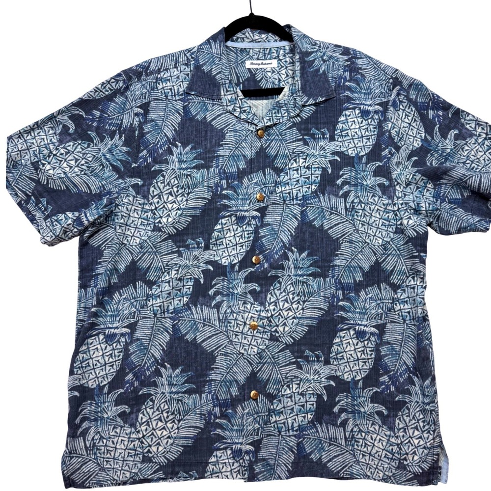 Tommy Bahama IslandZone Shirt Mens XL Blue Excellent Silk Blend Pineapple Print‎